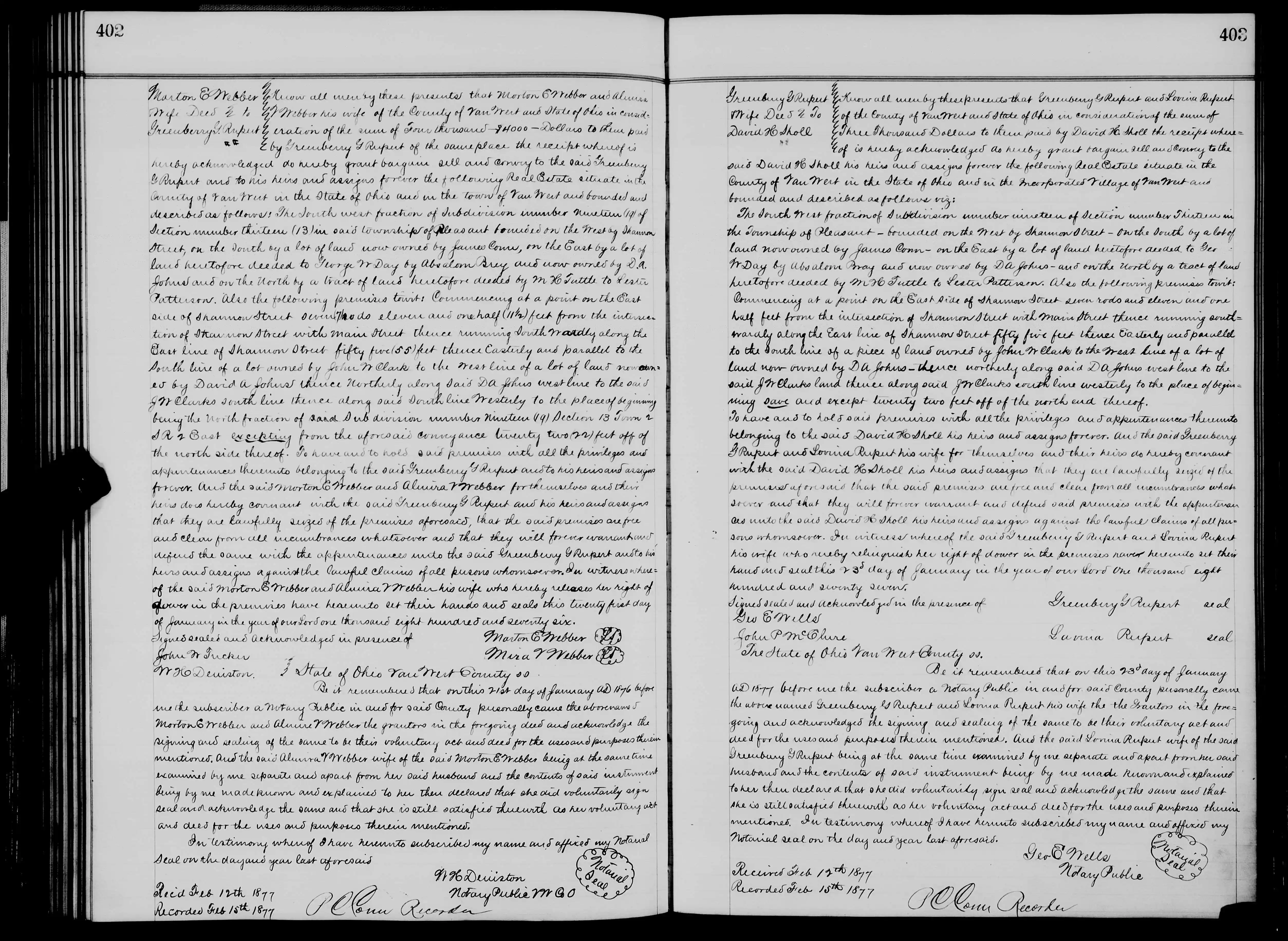Greenberry G. Rupert & Lavina Rupert Property Sold To David H. Sholl, 01-23-1877